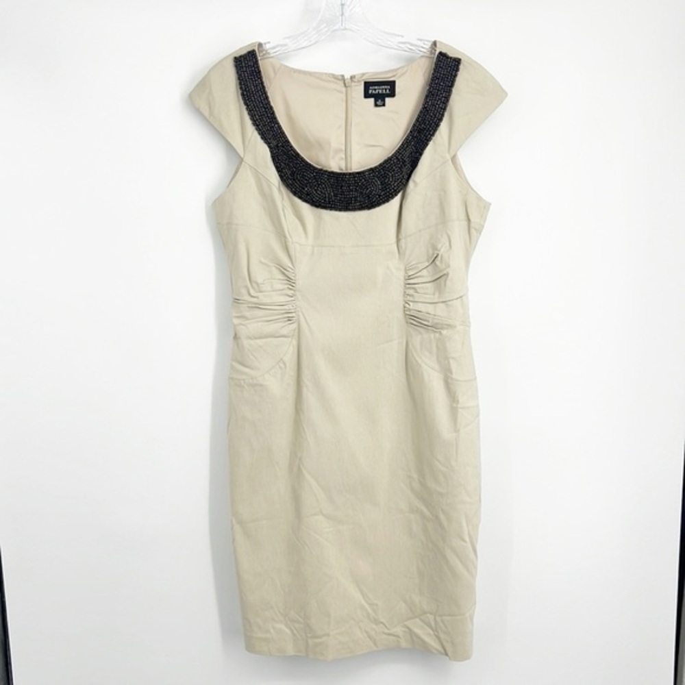 Adrianna Papell Beige Stretch Sheath Dress Beaded Neckline Appliqué size 14